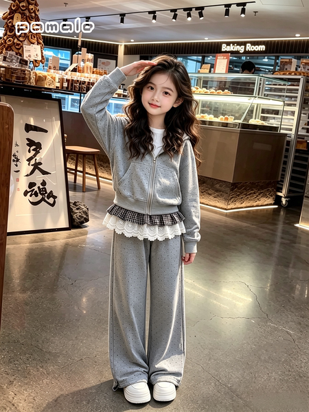 女童春秋装上衣套装2026新款女大童时尚波点外套休闲阔腿裤两件套 — 5