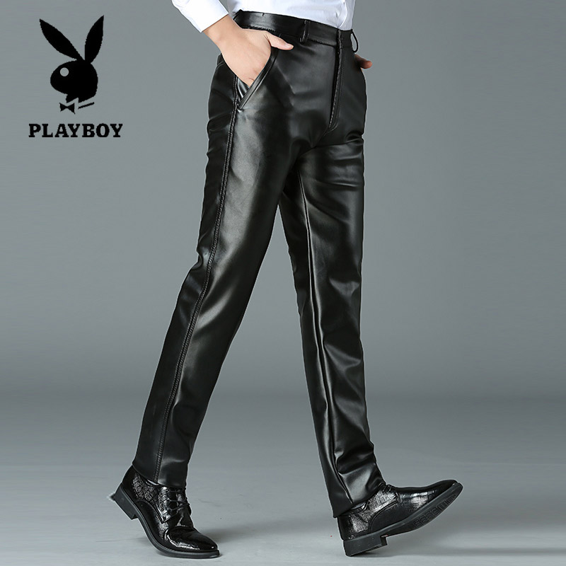PLAYBOY GENUINE LEATHER PANTS MENS THIN LOOSE STRAIGHT LEG PLUS SIZE OILPROOF WATERPROOF CYCLING PANTS SPRING AND AUTUMN LEATHER PANTS