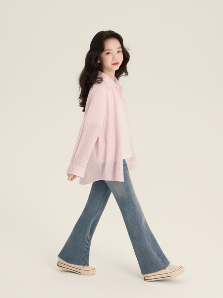 Amybaby女童上衣秋季2026新款韩系软糯ins风显白条纹宽松衬衫 — 4