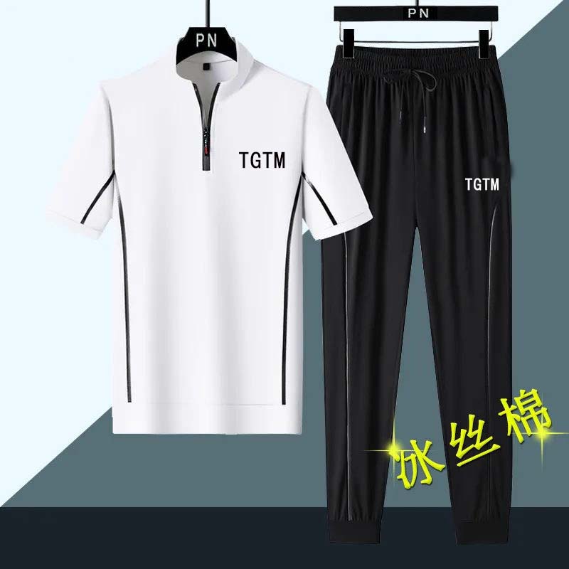 SUMMER ICE SILK BREATHABLE SUIT MENS THIN SHORT SLEEVE T-SHIRT MENS KOREAN TREND PLUS SIZE CASUAL SPORTS TWO-PIECE SET