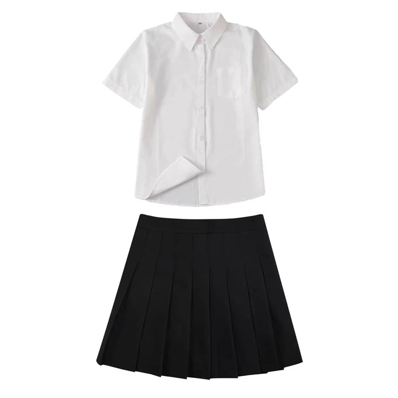 PREPPY JK UNIFORM MIDI PLEATED SKIRT SUIT LONG SKIRT STUDENT CLASS UNIFORM SHORT SLEEVE WHITE SHIRT WOMENS SUMMER