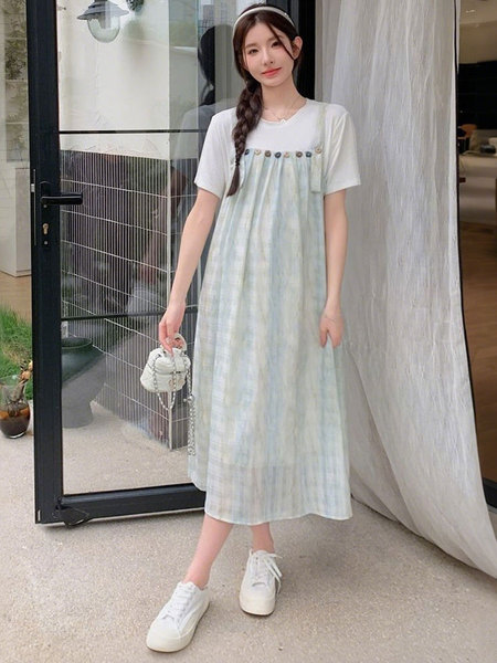 孕妇连衣裙2026新款夏季韩版时尚减龄假两件拼接吊带裙宽松孕妇装