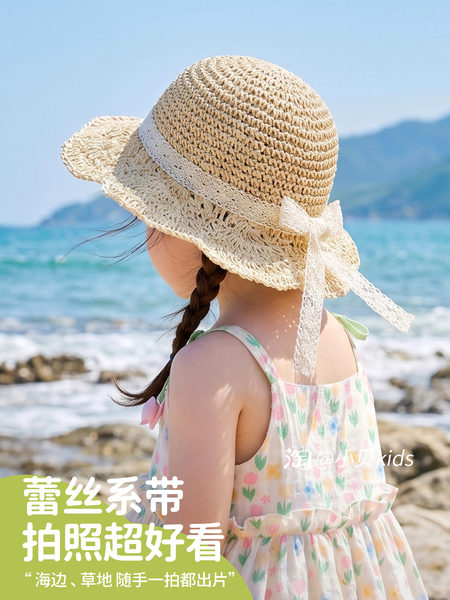女童草帽儿童防晒帽夏季宝宝帽子婴儿遮阳帽蕾丝编织帽女孩太阳帽 — 4
