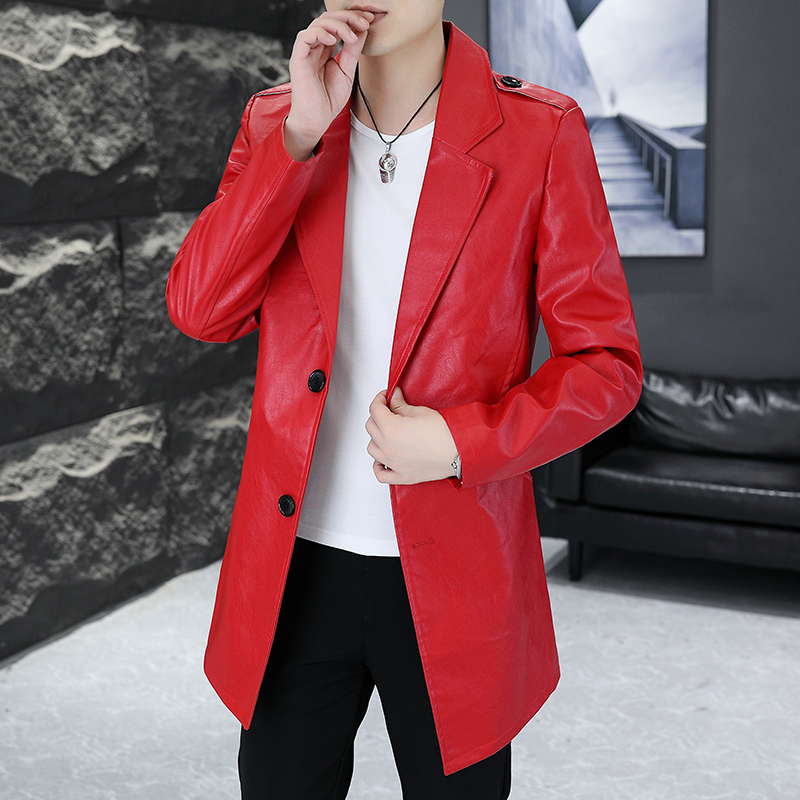 SPRING AND AUTUMN MID-LENGTH SUIT LEATHER JACKET MENS KOREAN VERSION SLIM AND HANDSOME WHITE SUIT COLLAR WINDBREAKER PU LEATHER CASUAL JACKET