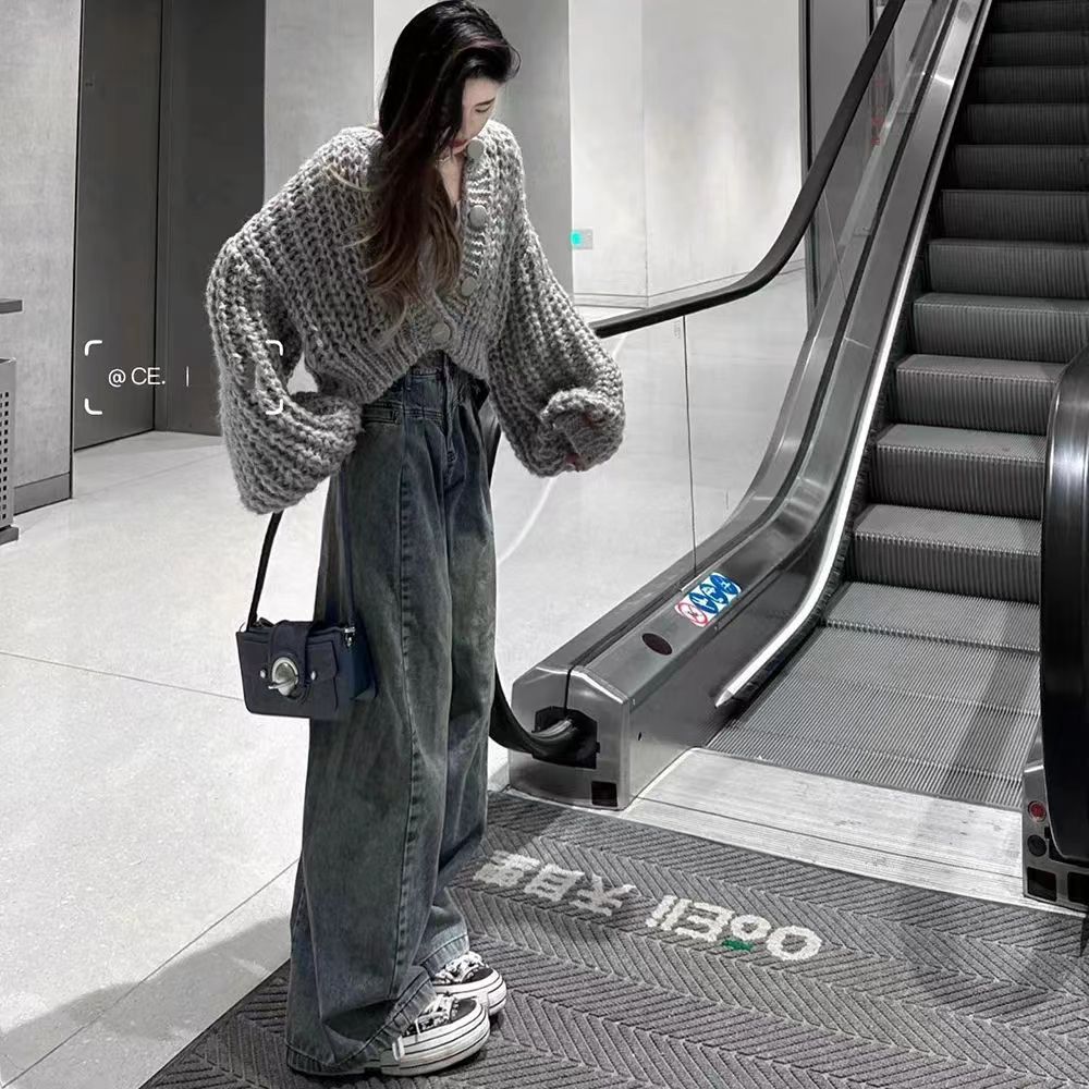 AMERICAN RETRO HIGH STREET LAZY LOOSE WIDE-LEG JEANS WOMENS SPRING AND AUTUMN HIGH-WAISTED STRAIGHT-LEG PANTS A THIN DRAPE AND MOP PANTS