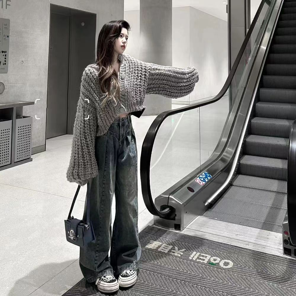 AMERICAN RETRO HIGH STREET LAZY LOOSE WIDE-LEG JEANS WOMENS SPRING AND AUTUMN HIGH-WAISTED STRAIGHT-LEG PANTS A THIN DRAPE AND MOP PANTS