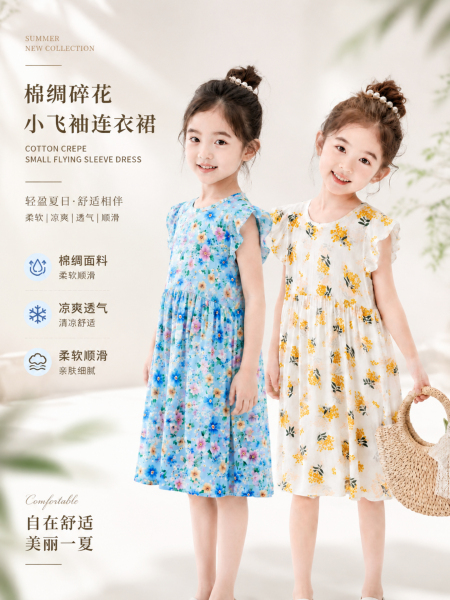 女童棉绸连衣裙夏季儿童绵绸裙子小飞袖家居睡裙碎花中大童公主裙 — 4