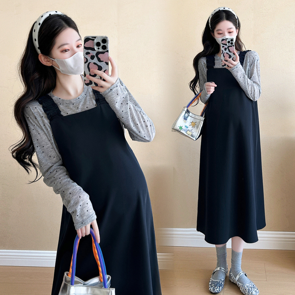 孕妇套装秋季2026新款宽松大码背带裙圆点上衣孕妈妈连衣裙两件套 — 3