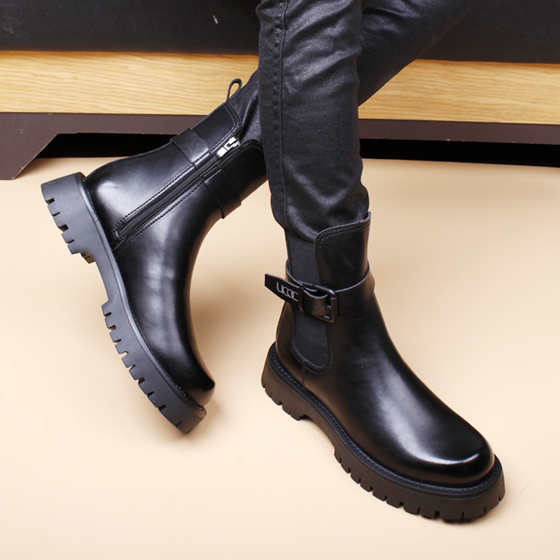 NEW CHELSEA LEATHER BOOTS MENS MID-TOP GENUINE LEATHER MARTIN BOOTS PIPE INSIDE HEIGHTENED BOOTIES VERSATILE MENS BOOTS HIGH TOP