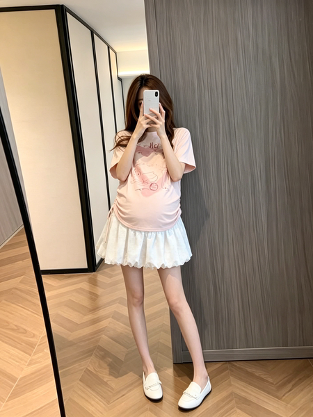 孕妇两件套夏季新款时尚印花抽绳上衣托腹花苞裙裤2026年韩版女