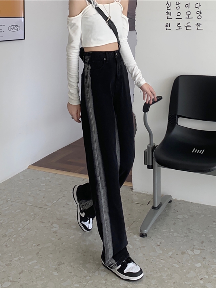 PEAR-SHAPED BODY PANTS FEMALE PLUS-SIZE FAT SISTER SPRING AND AUTUMN NEW HIGH-WAISTED SLIM DESIGN WIDE-LEG STRAIGHT-LEG JEANS