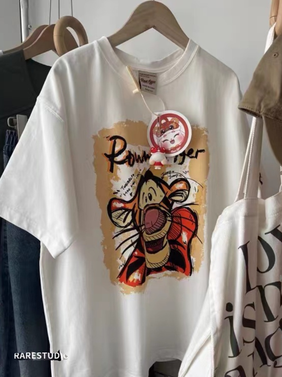 FOREIGN TRADE CUT LABEL CLEARANCE TAIL GOODS CARTOON TIGER PRINT AGE REDUCTION FOREIGN ATMOSPHERE LOOSE ROUND NECK COTTON SHORT SLEEVE T-SHIRT WOMENS INS