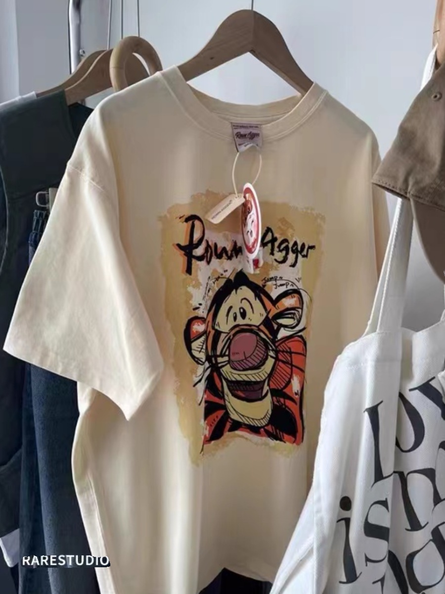 FOREIGN TRADE CUT LABEL CLEARANCE TAIL GOODS CARTOON TIGER PRINT AGE REDUCTION FOREIGN ATMOSPHERE LOOSE ROUND NECK COTTON SHORT SLEEVE T-SHIRT WOMENS INS