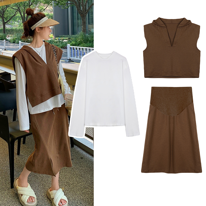 PREGNANT WOMENS AUTUMN SUITS FASHION 2022 INTERNET CELEBRITY LONG-SLEEVED T-SHIRTS FRIED STREETS BELLY SUPPORT SKIRTS THREE-PIECE SET SMALL FRAGRANCE
