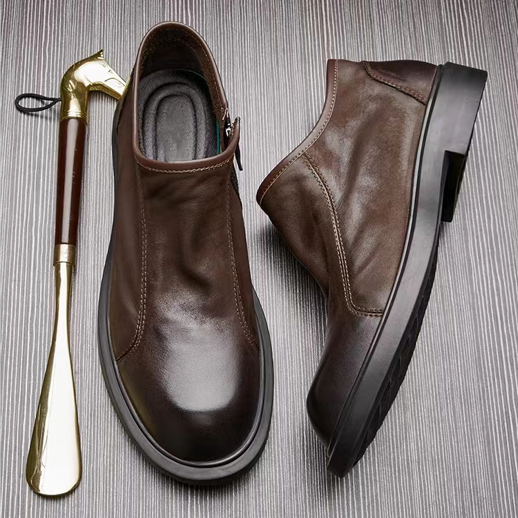 FOREIGN TRADE ORIGINAL SINGLE MENS LEATHER SHOES LEATHER CASUAL SHOES SOFT SOLE SPRING AND SUMMER BREATHABLE LOW-TOP BRITISH RETRO ZIPPER MENS LEATHER SHOES