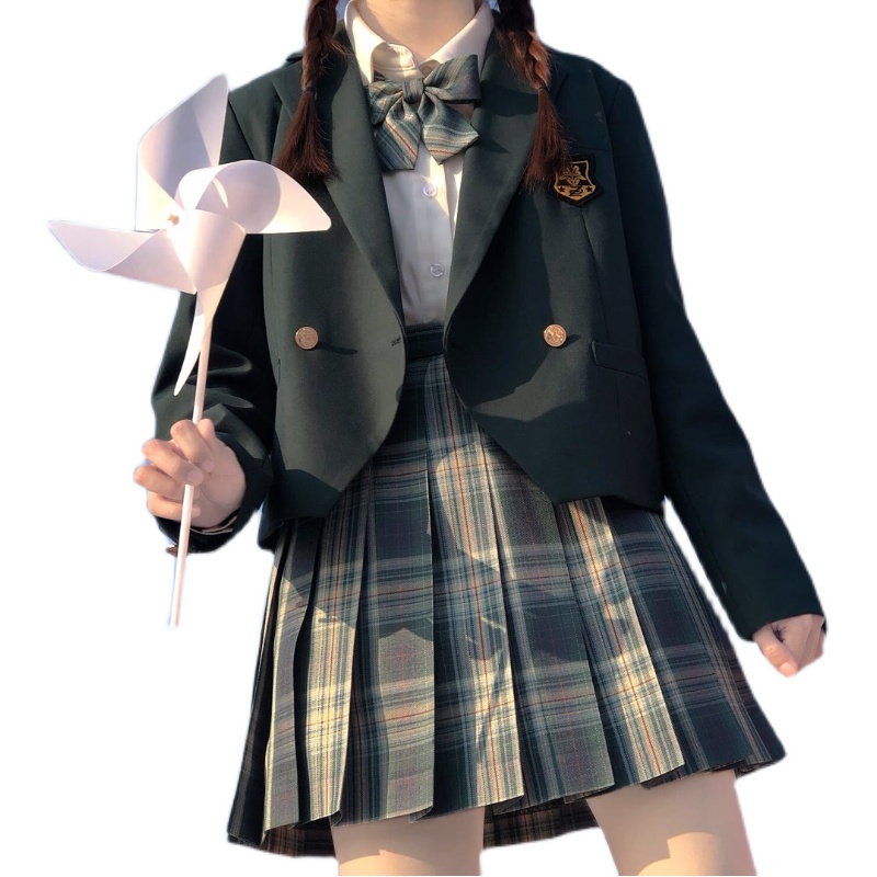 JK UNIFORM AUTUMN WINTER SUIT DARK GREEN BLAZER FOREST LETTER HIGH WAIST COLLEGE STYLE SKIRT ORIGINAL SUIT WOMEN