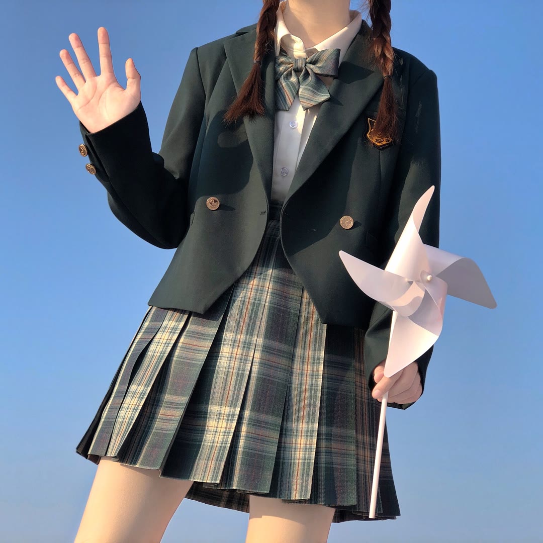 JK UNIFORM AUTUMN WINTER SUIT DARK GREEN BLAZER FOREST LETTER HIGH WAIST COLLEGE STYLE SKIRT ORIGINAL SUIT WOMEN
