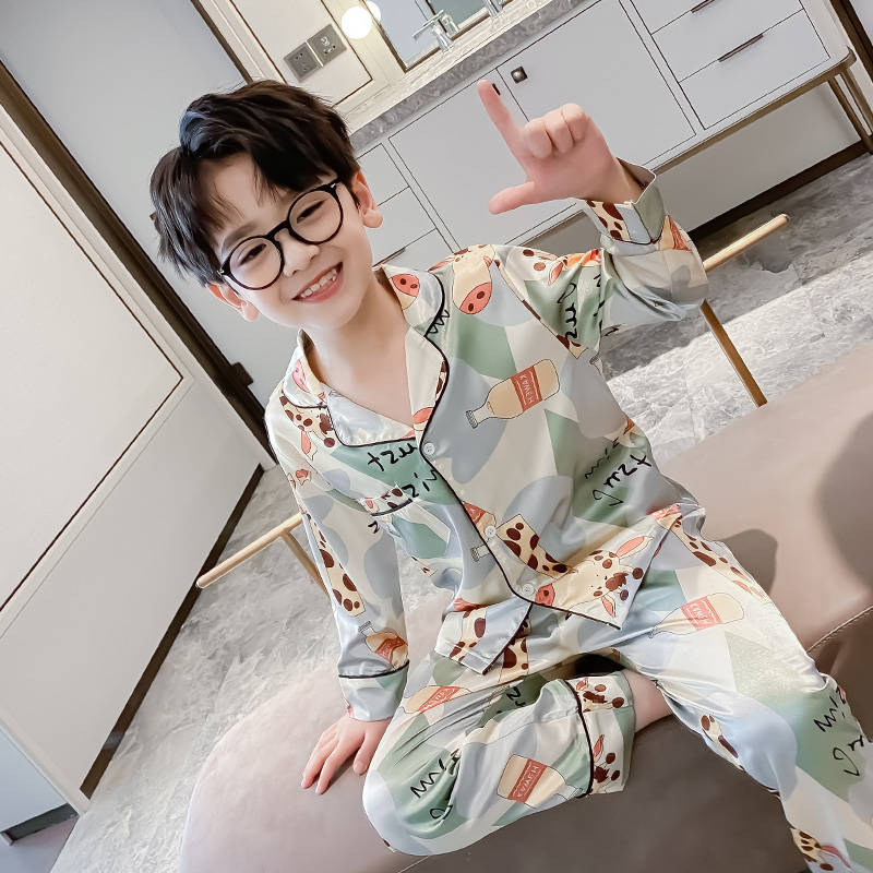 CHILDRENS PAJAMAS BOYS SPRING AND AUTUMN ICE SILK AIR-CONDITIONED CLOTHES MEDIUM AND LARGE CHILDRENS LONG SLEEVES SUMMER THIN BOYS LOUNGEWEAR SETS