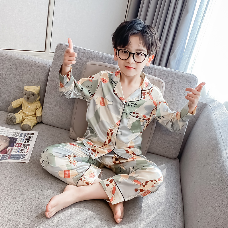 CHILDRENS PAJAMAS BOYS SPRING AND AUTUMN ICE SILK AIR-CONDITIONED CLOTHES MEDIUM AND LARGE CHILDRENS LONG SLEEVES SUMMER THIN BOYS LOUNGEWEAR SETS