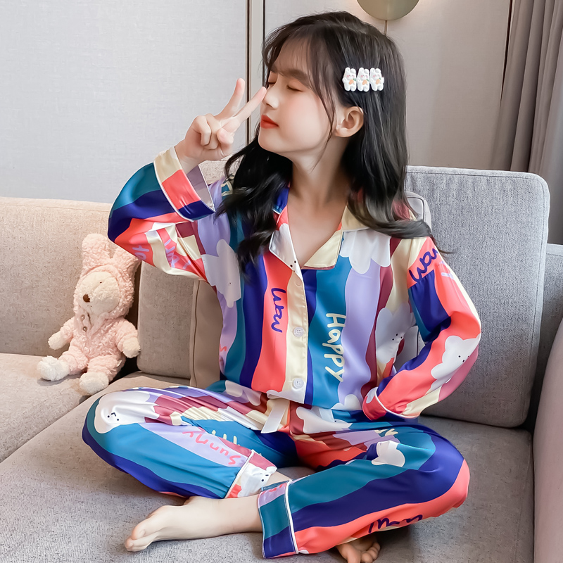CHILDRENS PAJAMAS SUMMER CLOTHES THIN LITTLE GIRLS LONG-SLEEVED AIR-CONDITIONED CLOTHES MIDDLE AND LARGE CHILDRENS SUITS SPRING AND AUTUMN GIRLS ICE SILK HOME CLOTHES