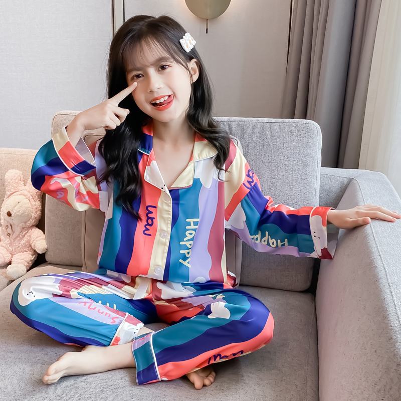 CHILDRENS PAJAMAS SUMMER CLOTHES THIN LITTLE GIRLS LONG-SLEEVED AIR-CONDITIONED CLOTHES MIDDLE AND LARGE CHILDRENS SUITS SPRING AND AUTUMN GIRLS ICE SILK HOME CLOTHES