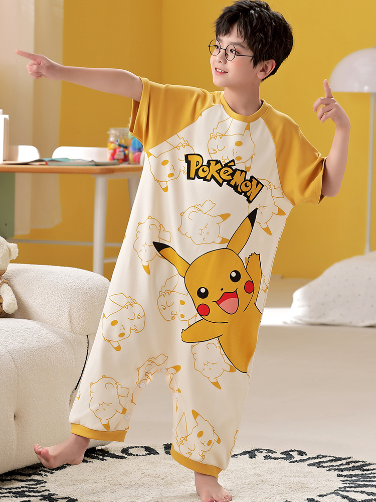 CHILDRENS PAJAMAS BOYS SUMMER COTTON KICK-PROOF QUILTS ONESIES SHORT SLEEVES LONG PANTS AIR-CONDITIONED CLOTHES BOYS BABY LOUNGEWEAR