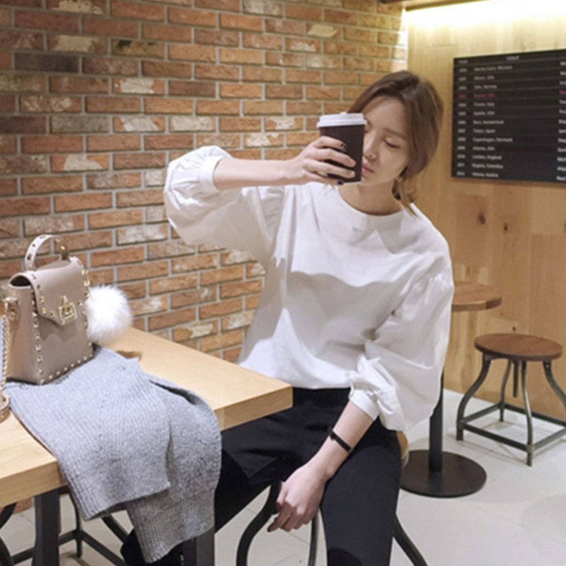 WHITE BALLOON SLEEVE SHIRT WOMENS AUTUMN KOREAN PUFF SLEEVE RETRO LOOSE LARGE SIZE VERSATILE LONG SLEEVE BASE TOP TIDE