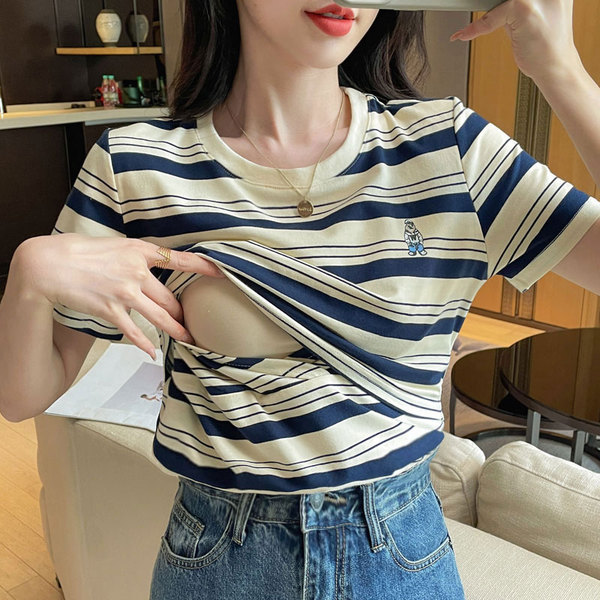 哺乳上衣夏季外出时尚条纹喂奶T恤产后辣妈百搭亲肤月子服哺乳衣