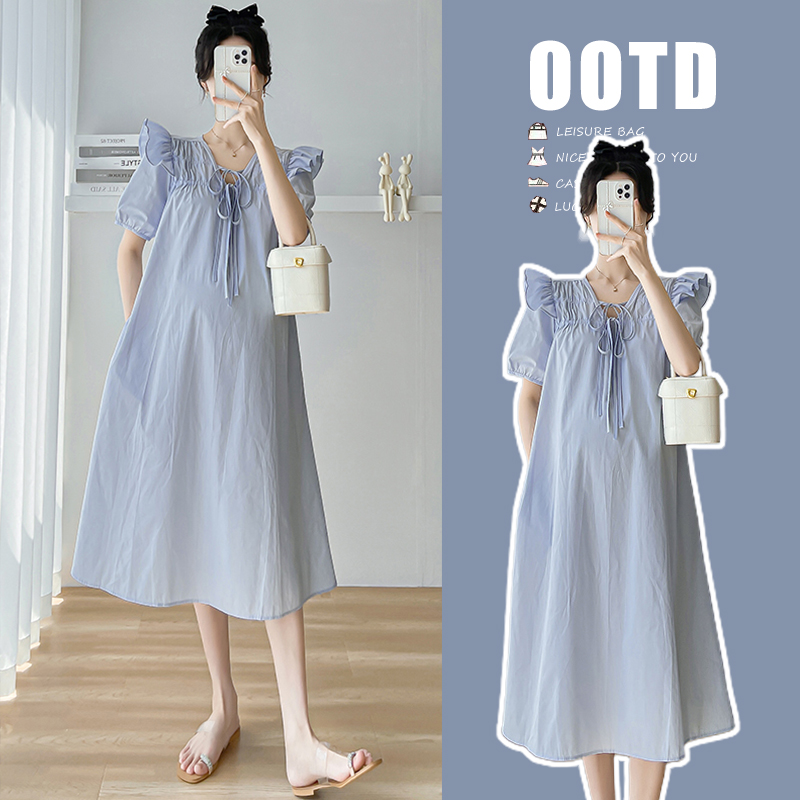 MATERNITY DRESS SUMMER DRESS THIN TIE FUNGUS EDGE 2024 NEW SUMMER SMALL MAN FASHION MATERNITY DRESS SUMMER STYLE