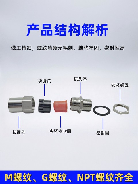 Connector type explosion-proof gran head inner and outer wire conversion 304 stainless steel cable clamping seal fixing joint g1/2