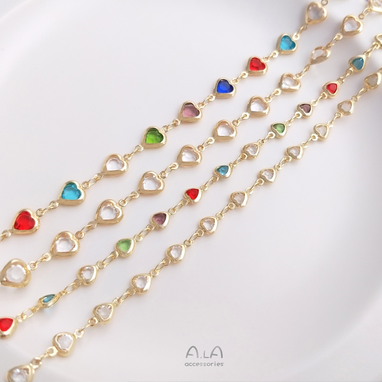 14K 골드 채워진 색상 보존 지르콘 복숭아 하트 모양의 수제 체인 다채로운 지르코늄 러브 체인 DIY 팔찌 목걸이 쥬얼리 루스 체인