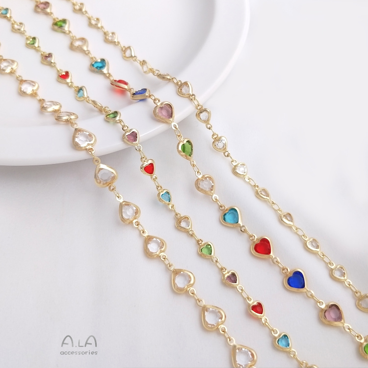 14K 골드 채워진 색상 보존 지르콘 복숭아 하트 모양의 수제 체인 다채로운 지르코늄 러브 체인 DIY 팔찌 목걸이 쥬얼리 루스 체인
