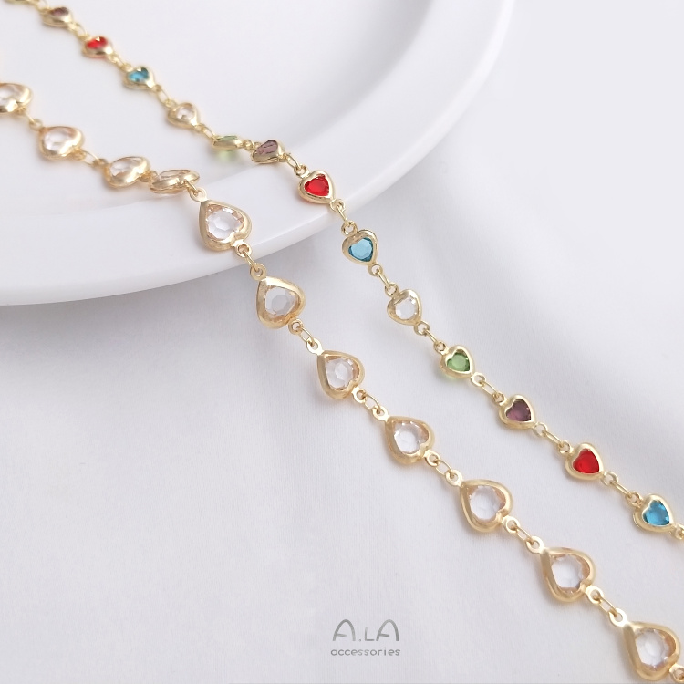 14K 골드 채워진 색상 보존 지르콘 복숭아 하트 모양의 수제 체인 다채로운 지르코늄 러브 체인 DIY 팔찌 목걸이 쥬얼리 루스 체인