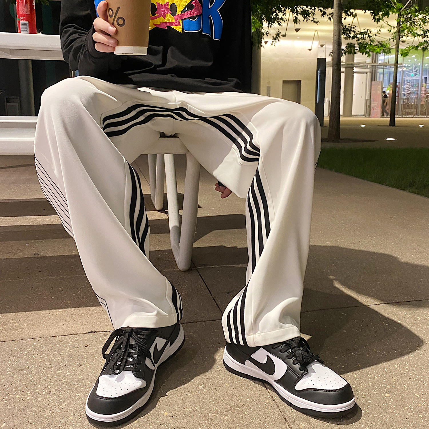 BLACK AMERICAN RUNWAY LINE SWEATPANTS MENS RETRO JAPANESE LAZY HIGH STREET PANTS BF NICHE DESIGN SENSE WIDE-LEG PANTS