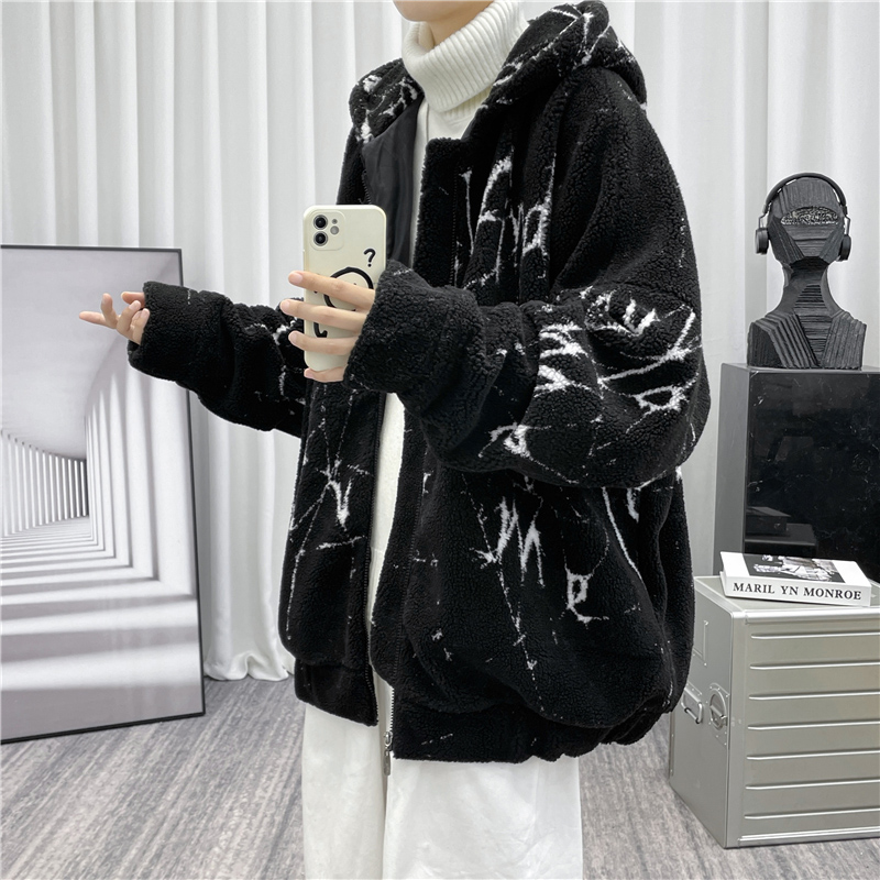 RIMAN TWO-DIMENSIONAL LAMB WOOL COAT MENS DARK BLACK FRIED STREET HIGH-QUALITY COTTON CLOTHES WINTER THICKENING COUPLES WEAR COTTON CLOTHES