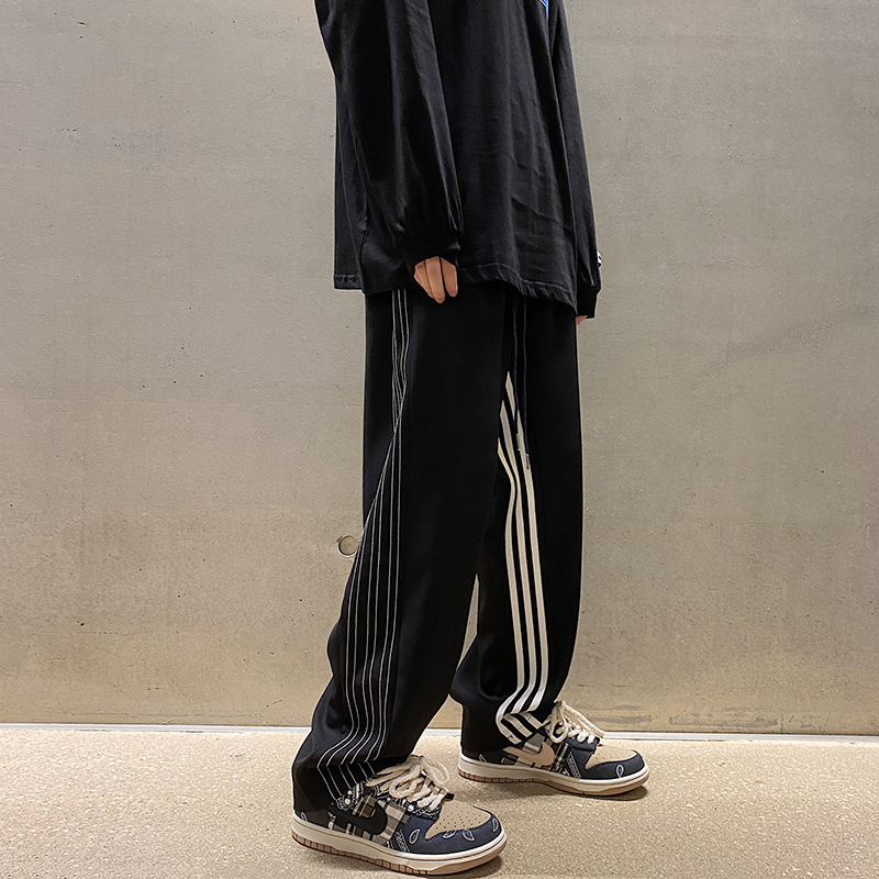 BLACK AMERICAN RUNWAY LINE SWEATPANTS MENS RETRO JAPANESE LAZY HIGH STREET PANTS BF NICHE DESIGN SENSE WIDE-LEG PANTS