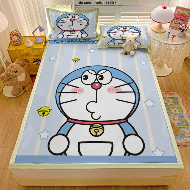 New Doraemon summer ice silk mat three-piece set bedroom children's bed sheet soft mat student dormitory mat