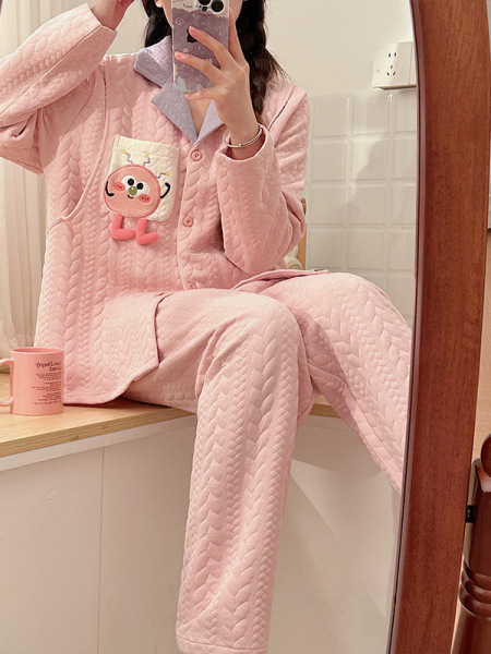 孕妇睡衣秋冬季款加厚三层全棉纯棉保暖产后哺乳家居服月子服套装 — 3