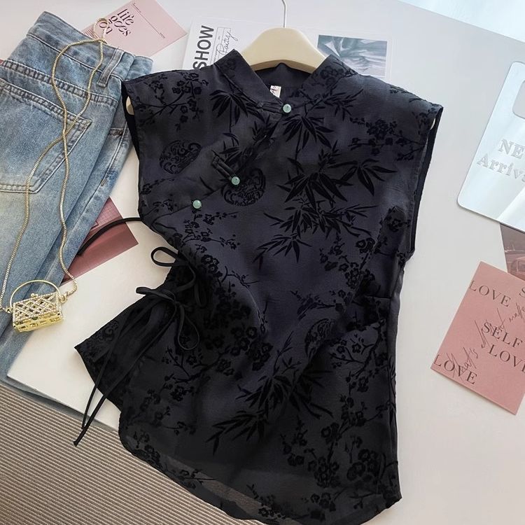 thumbnail for New Chinese style Hanfu top, women's new summer design, black waistless buckle cheongsam shirt