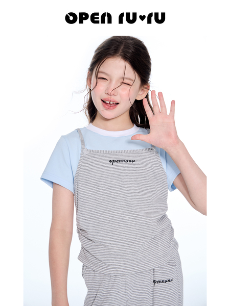 opennunu女童“baby”蓝灰条纹短袖套装夏季儿童设计感亲肤长裤 — 5