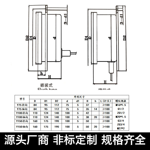 WTQ/WTZ-280 stainless steel 304 pressure industrial thermometer boiler water and oil temperature meter remote transmission thermometer