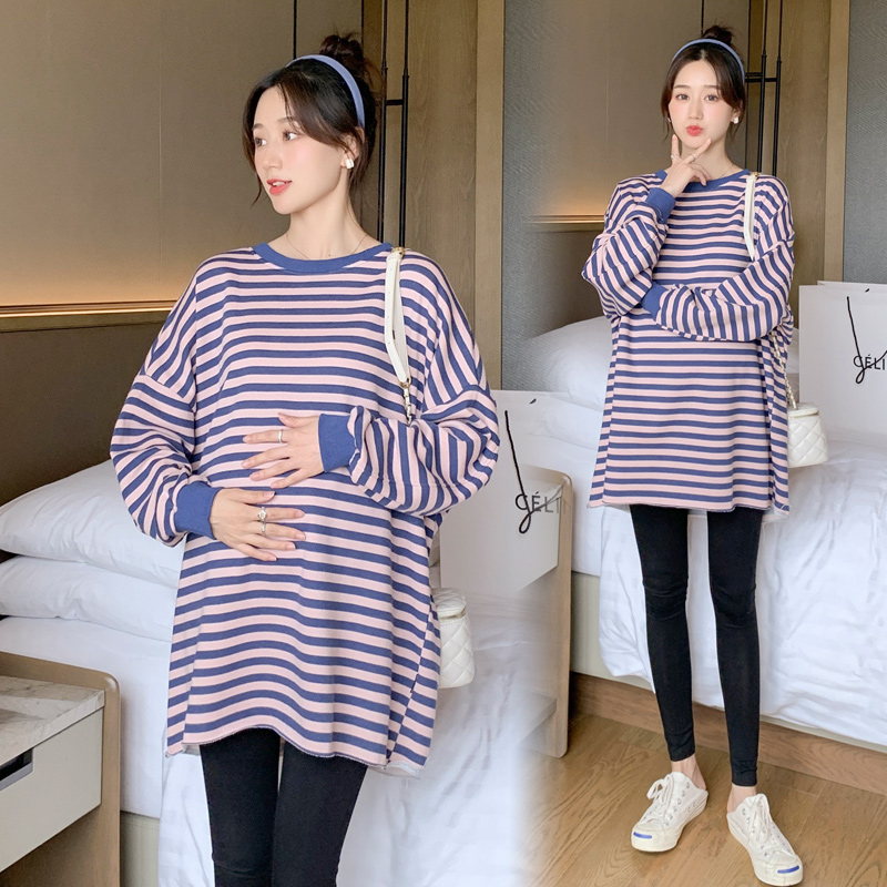UK NEXT ROAD MATERNITY AUTUMN TWO-PIECE PLUS SIZE SUIT FASHION STRIPED T-SHIRT SKIRT SWEATSHIRT MIDI WOMEN