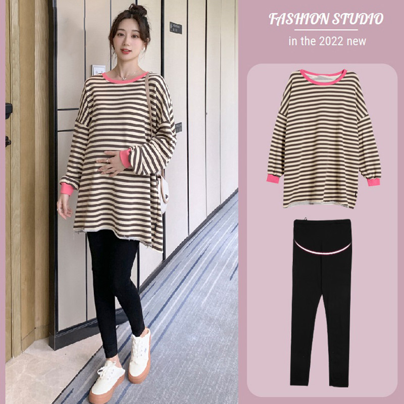 UK NEXT ROAD MATERNITY AUTUMN TWO-PIECE PLUS SIZE SUIT FASHION STRIPED T-SHIRT SKIRT SWEATSHIRT MIDI WOMEN