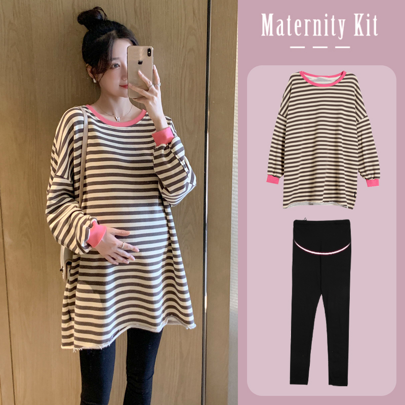UK NEXT ROAD MATERNITY AUTUMN TWO-PIECE PLUS SIZE SUIT FASHION STRIPED T-SHIRT SKIRT SWEATSHIRT MIDI WOMEN