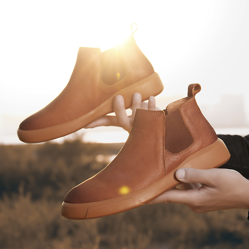 FOREIGN TRADE EXPORT CHELSEA BOOTS MENS MID-TOP LEATHER MARTIN BOOTS WINTER WARM AND FLEECE PLUS-SIZE SLIP-ON GOLD SHOES