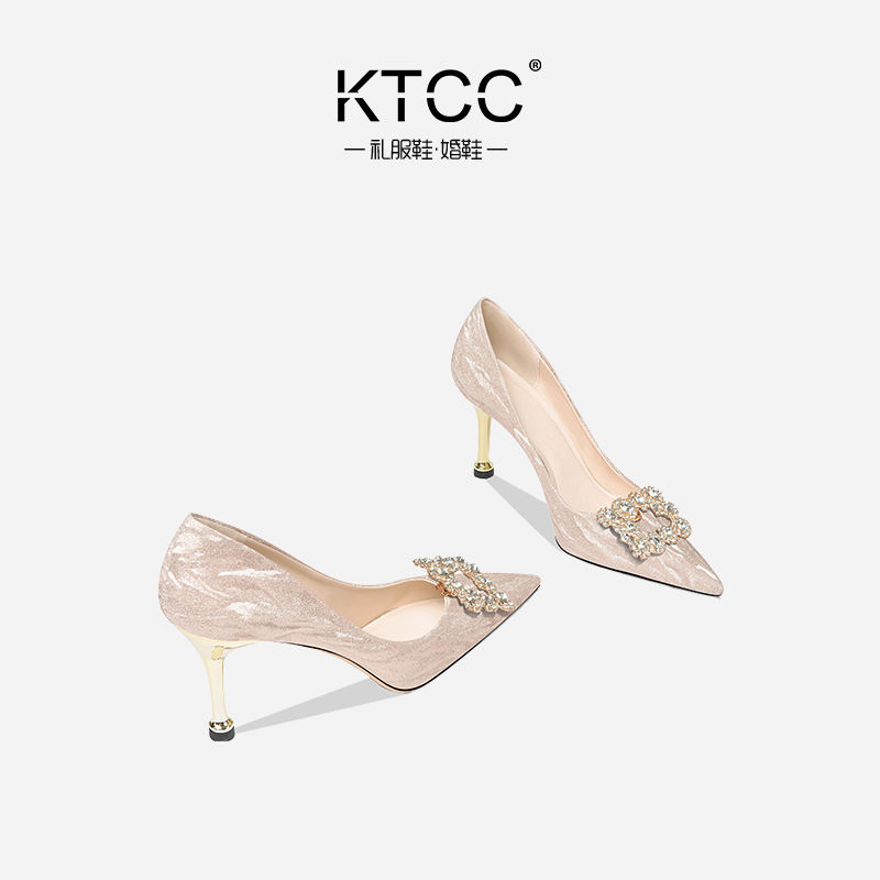 KTCC WEDDING SHOES BRIDAL SHOES 2024 NEW GOLD HIGH HEELS WOMENS KITTEN HEEL SQUARE BUCKLE RHINESTONE WEDDING DRESS CRYSTAL SINGLE SHOES