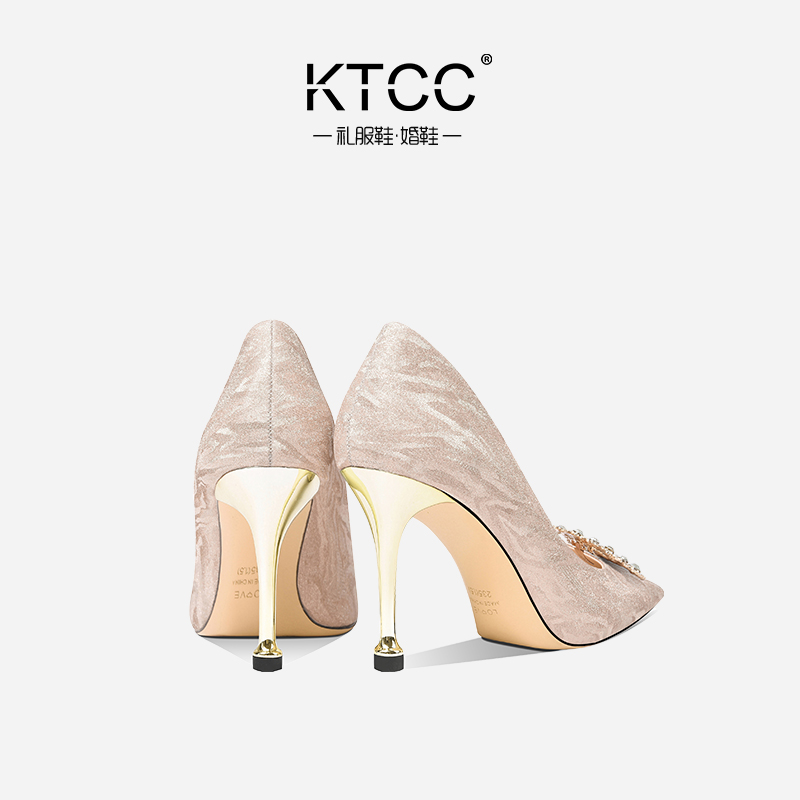 KTCC WEDDING SHOES BRIDAL SHOES 2024 NEW GOLD HIGH HEELS WOMENS KITTEN HEEL SQUARE BUCKLE RHINESTONE WEDDING DRESS CRYSTAL SINGLE SHOES
