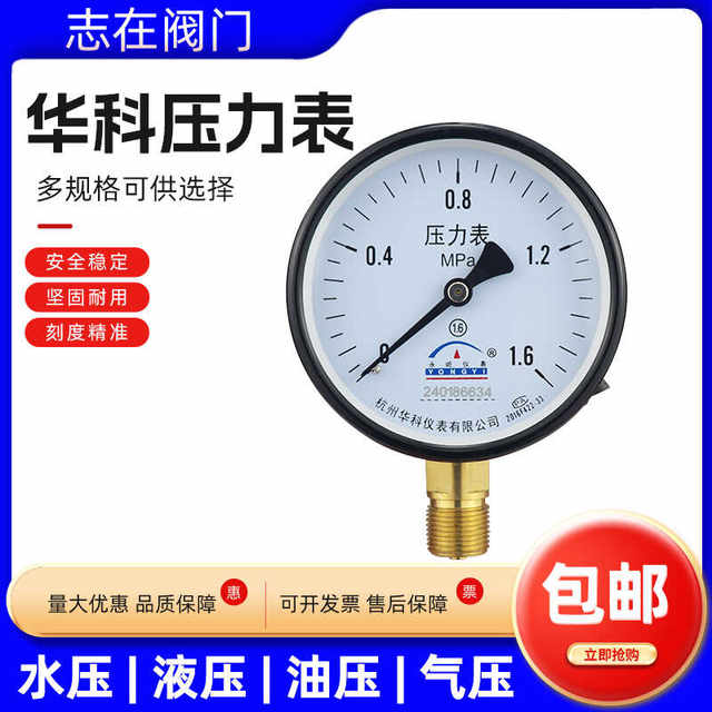 Hangzhou Fuyang Huake Gas Storage Tank Pressure Gauge Axial Air Pressure Y100Z Air Compressor 0-1.6MPA Boiler Steam