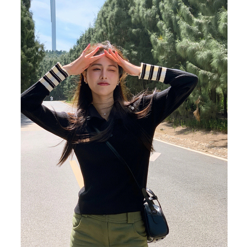 FRENCH PULLOVER STRIPED PATCHWORK POLO NECK KNIT WOMENS FALL 2022 NEW RETRO SLIM TEMPERAMENT TOP