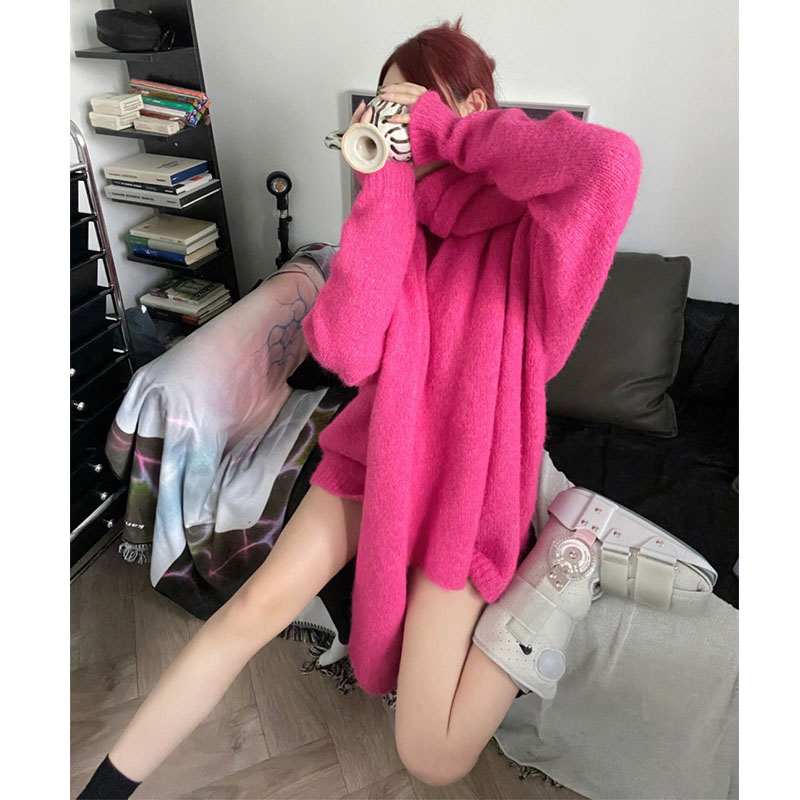 AUTUMN AND WINTER ROSE RED LAZY LOOSE V-NECK MIDI KNIT TOP WOMENS 2022 NEW FASHION LAZY AND BEAUTIFUL